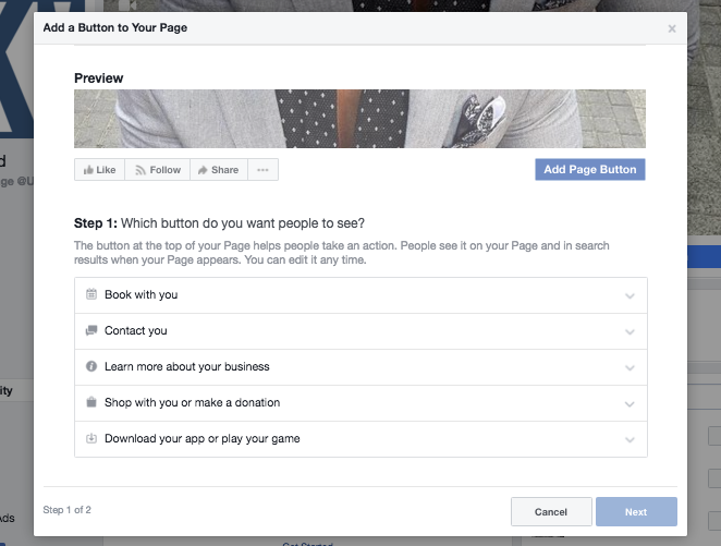 Facebook business page button type selection